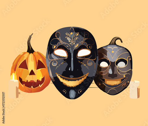Trio of mysterious black and gold theatrical-style Halloween masks with unsettling expressions, isolated on a warm autumn-toned background	