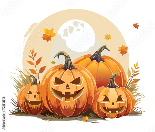 Classic autumn Halloween scene featuring three grinning jack-o'-lanterns, fall leaves, and a full moon background, perfect for holiday greetings	