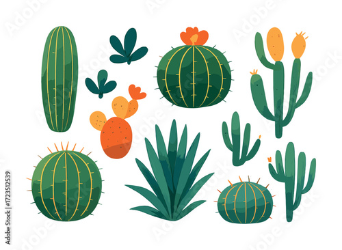 Assorted cactus plants with flowers and leaves in simple illustration style
