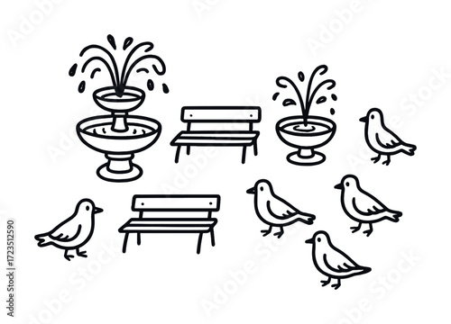 Line art of park with water fountains, benches, and birds