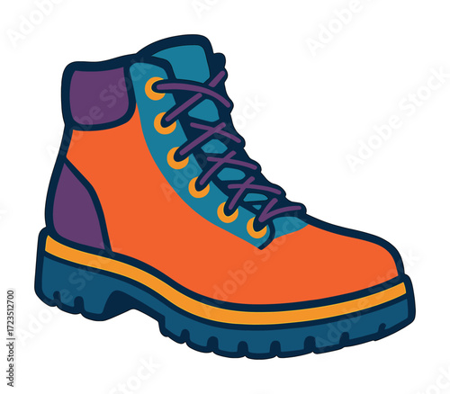Bright orange hiking boot with blue and purple accents