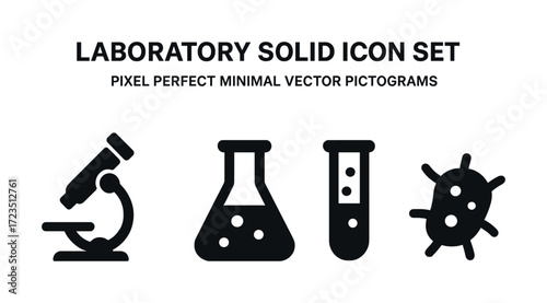 Laboratory equipment icons: microscope, flask, test tube, bacteria symbol