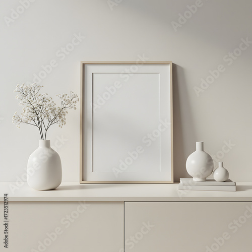 Blank poster frame mockup leaning on sideboard with ceramic vase decor and clean neutral background