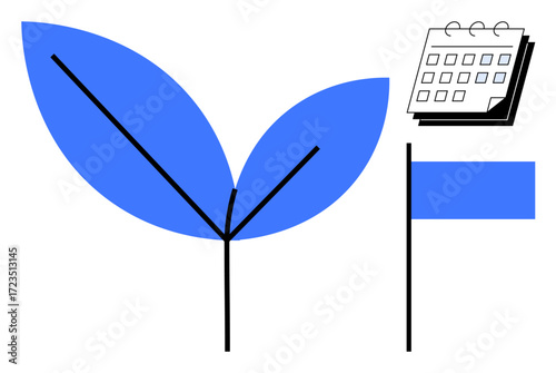 Leaf sprout symbolizing growth beside a calendar for planning and a flag representing goals or milestones. Ideal for growth strategy, sustainability, project planning, goal setting, eco initiatives