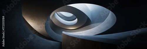 Concrete spiral stairwell captured from below, sharp architectural contrast, soft natural light filtering from above