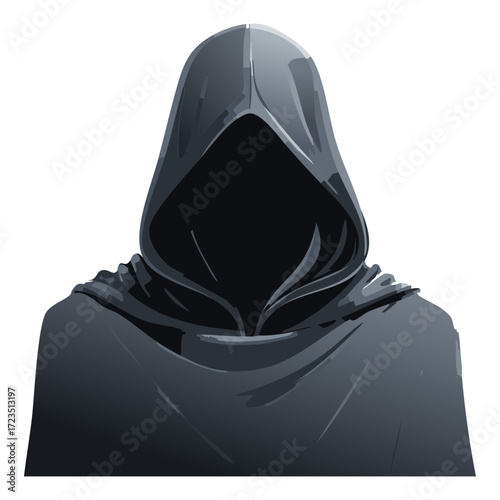 Ominous and shadowy illustration of a figure wearing a plain black hood or cowl, conveying mystery, concealment, and a dramatic, dark aesthetic	