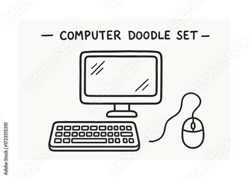 Simple doodle set of computer, keyboard, and mouse in line art