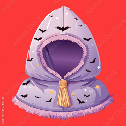 Mysterious purple hooded cloak or cape, with the hood up, creating a shadowy and spooky silhouette perfect for Halloween or fantasy designs	