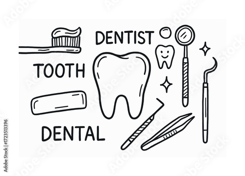 Dental tools and tooth illustration highlighting oral hygiene and health