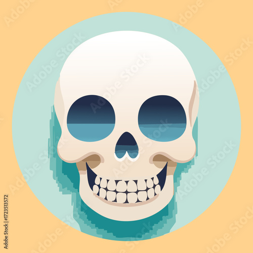 Simple and serene human skull illustration with a light blue-green background, offering a minimalist yet striking representation of mortality and life	