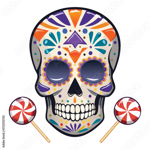Highly detailed and ornate Dia de Muertos style sugar skull with bright colors and two festive red and white striped lollipops	