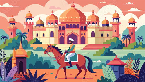 A man riding a horse stands in front of a large, ornate gate..eps
