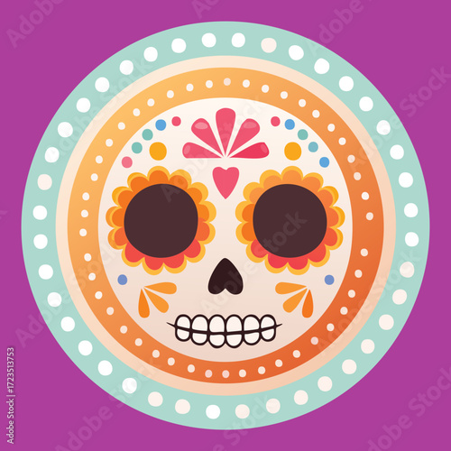 Vibrant and intricate traditional Mexican Day of the Dead sugar skull with colorful floral patterns on a dark purple background	