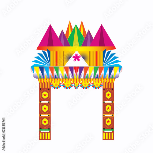 Colorful decorative archway with geometric patterns and vibrant colors, isolated on white background