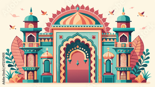 Two elephants stand in front of a door adorned with colorful flowers, creating a vibrant and cheerful scene..eps