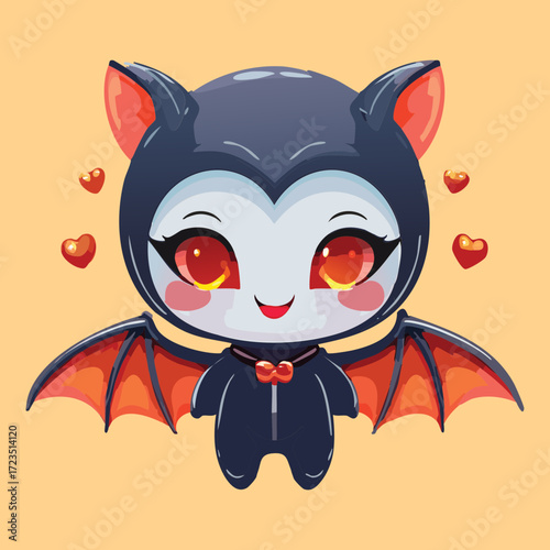 Happy and beloved chibi vampire character with large red eyes and small fangs, surrounded by floating hearts and a wide sweet smile	