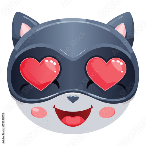 Cartoon bat or cat wearing a simple black sleep mask with vibrant red heart eyes, expressing strong romantic infatuation	
