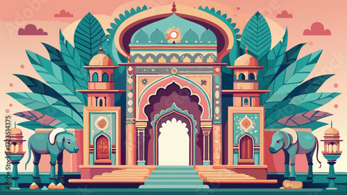 Two elephants pose in front of a door surrounded by blooming flowers, adding a lively touch to the setting..eps