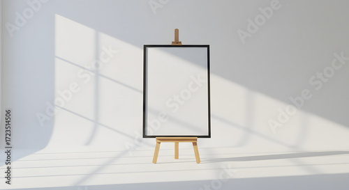 Framed poster mockup displayed on wooden easel in bright studio with soft natural shadows