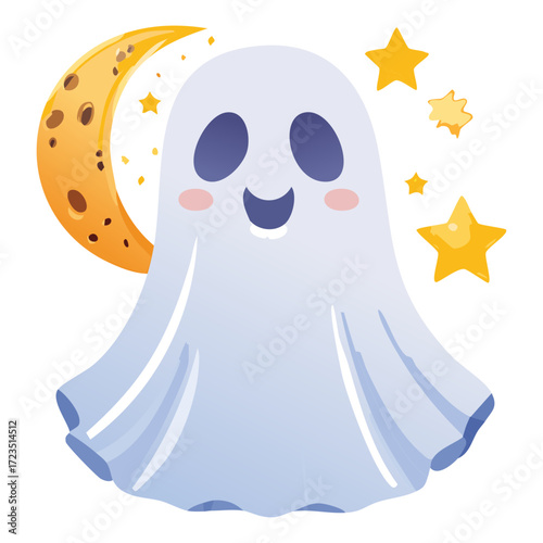 Adorable little cartoon ghost character floating happily in the night sky next to a crescent moon and glittering stars	