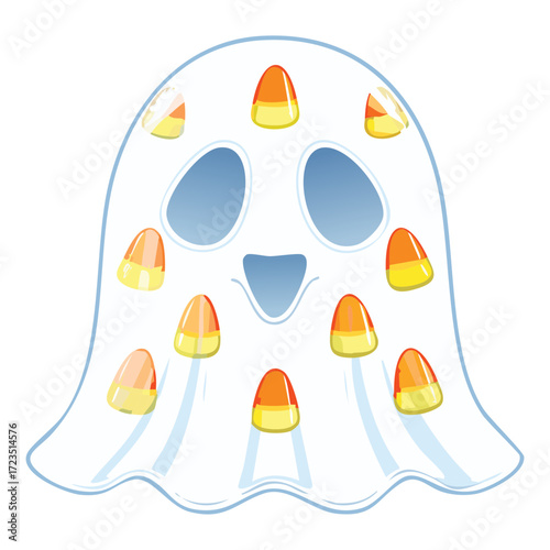 Playful phantom character covered in falling candy corn pieces, with a translucent sheet and a joyful Halloween expression	