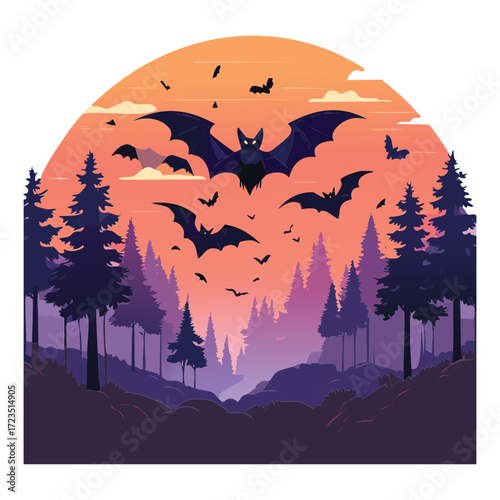 Dramatic Halloween night scene with a massive swarm of bats silhouetted against a full moon and dense dark pinetrees	
