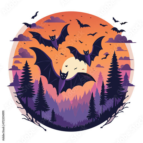 Striking Halloween illustration of a swarm of bats silhouetted against an orange and black night sky over a spooky forest	