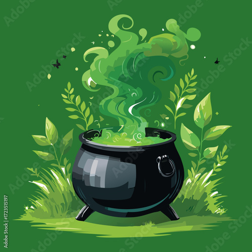 Mystical black cauldron boiling a vibrant green potion, surrounded by lush foliage and emitting a magical smoke	