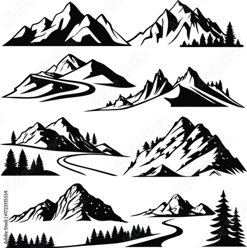 Vector art of set of mountain silhouette collection of mountain landscape with trees and roads vector illustration of mountains for logo, emblem, badge, symbol, icon design