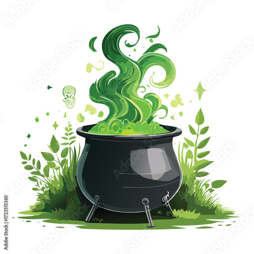 Green bubbling witch's potion in a black cauldron with smoke rising, creating a mystical and magical Halloween atmosphere	
