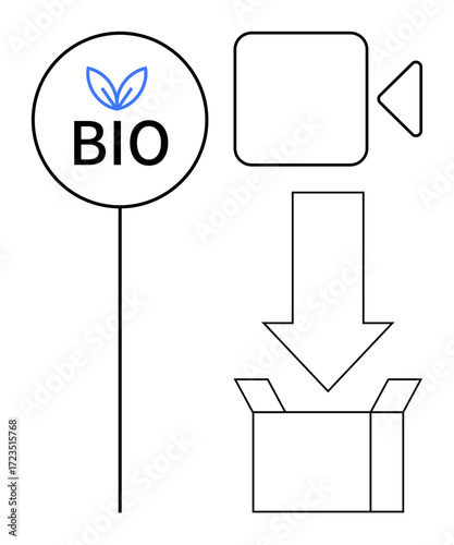 Circular eco label with leaves, video icon, downward arrow, and box symbolize eco-friendly product packaging. Ideal for eco-marketing, sustainability, e-commerce, green initiatives, organic branding