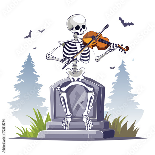 Whimsical skeleton character playing the violin near an old gravestone surrounded by spooky trees and bats in a grey landscape	