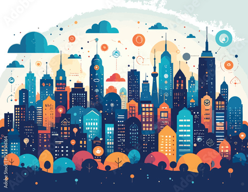 Generative shape fill vector template vibrant cityscape illustration with stylized buildings and abstract elements, perfect for modern design projects