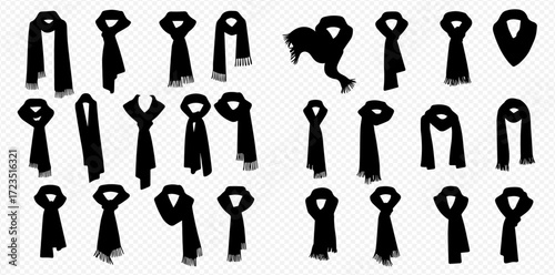 Collection of black scarf silhouettes in various styles and arrangements, showcasing different tying methods and draping effects.