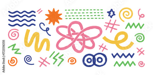 Collection colorful bold curved lines with loops isolated on white. Hand drawn bold grunge wavy and swirled brush strokes. Simple childish vector scribbles and squiggles. Creative trendy style design.
