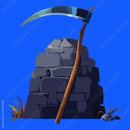 The mysterious grim reaper standing on a tall stone tomb in a dark, spooky, and foggy graveyard at night	