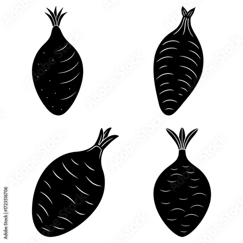 Four black and white stylized images of root vegetables with leafy tops in various orientations