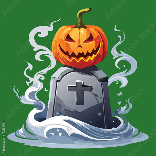 Spooky Gravestone and Pumpkin in a Misty Graveyard Scene with Twisted Branches and Eerie Green Glowing Smoke	