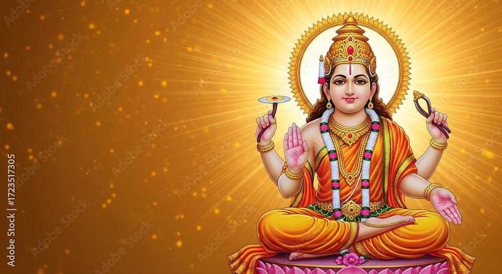 Obraz premium Surya Dev Hindu Sun God Digital Illustration with Radiant Gold Aura, Sacred Indian Religious Art, Divine Blessing, Vedic Deity in Orange Robes, Spiritual Poster, Festival Worship, Celestial Energy