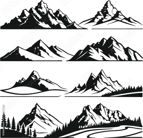 Vector art of collection of mountain silhouettes set of mountain ridges and peaks vector illustration of mountains for logo, emblem or badge design outdoor adventure concept