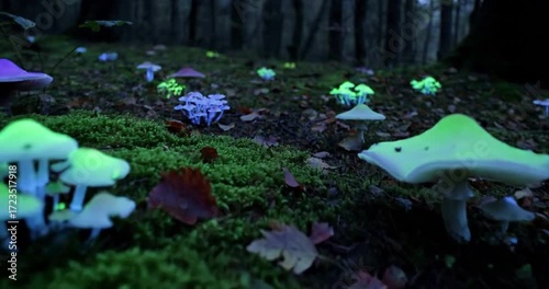 Detailed close-up of a single glowing mushroom cap, showcasing intricate gills and vibrant light emanating from its structure. no data