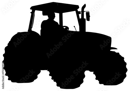 Silhouette of a farmer driving a tractor, isolated 