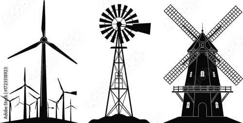 Silhouettes of Modern Wind Turbines, Vintage Water Pump Windmill, and Traditional Dutch Windmill – Wind Energy and Rural Power Concept