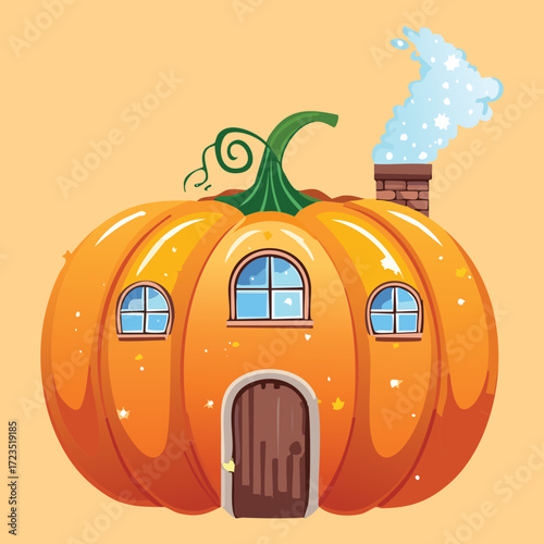Halloween Pumpkin House with Windows and a Roof Decoration

