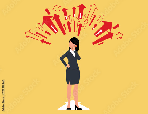 Symbolizing strategy,  Contemplative businesswoman surrounded by arrows. decision making and navigating the complexities of the market.