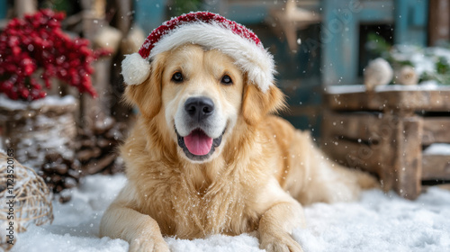 Golden Retriever in Santa Hat – Christmas Pet Portrait Photo