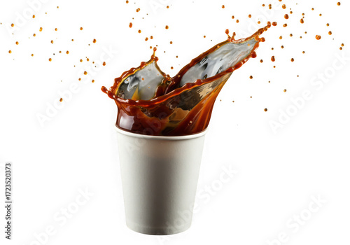 Coffee splash from white paper cup isolated on transparent background