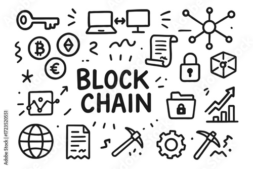 Blockchain business outline icon set: technology, security, network, cryptocurrency icons