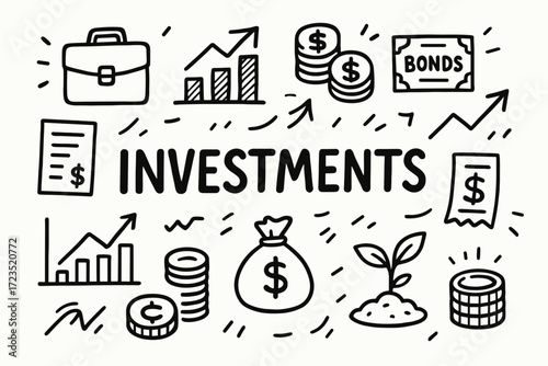 Finance and investments outline icon set. money, stock market icons collection