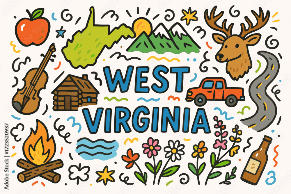 Fototapeta premium Travel and adventure icon set: outline style representations of west virginia's charm